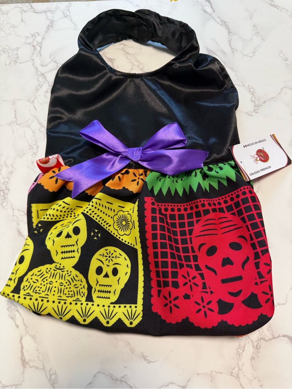Pet Warrior Dog/Cat Black Day of the Dead Costume Dress with Purple Bow.